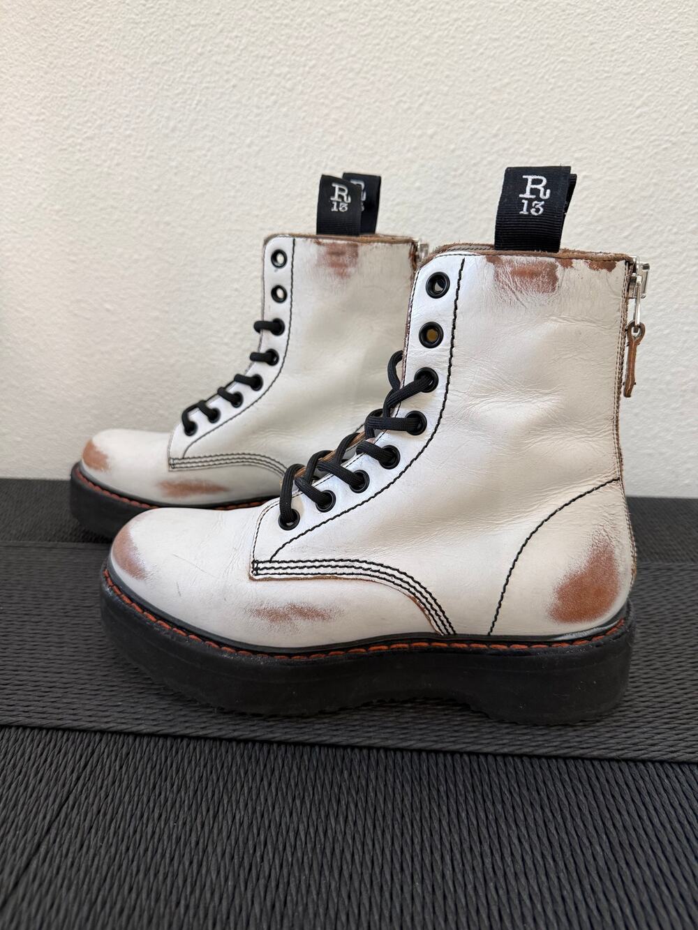 R13 Single Stack Distressed White Leather Combat Boots EU 38 US 8 New